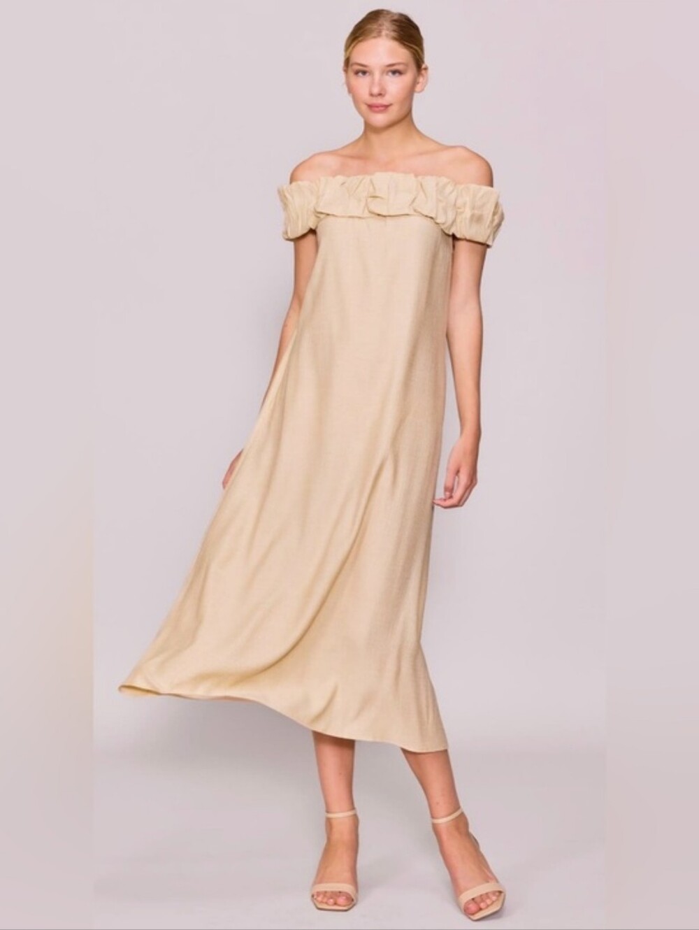 MELLODAY Off-Shoulder Ruffle Midi Dress - Beige
